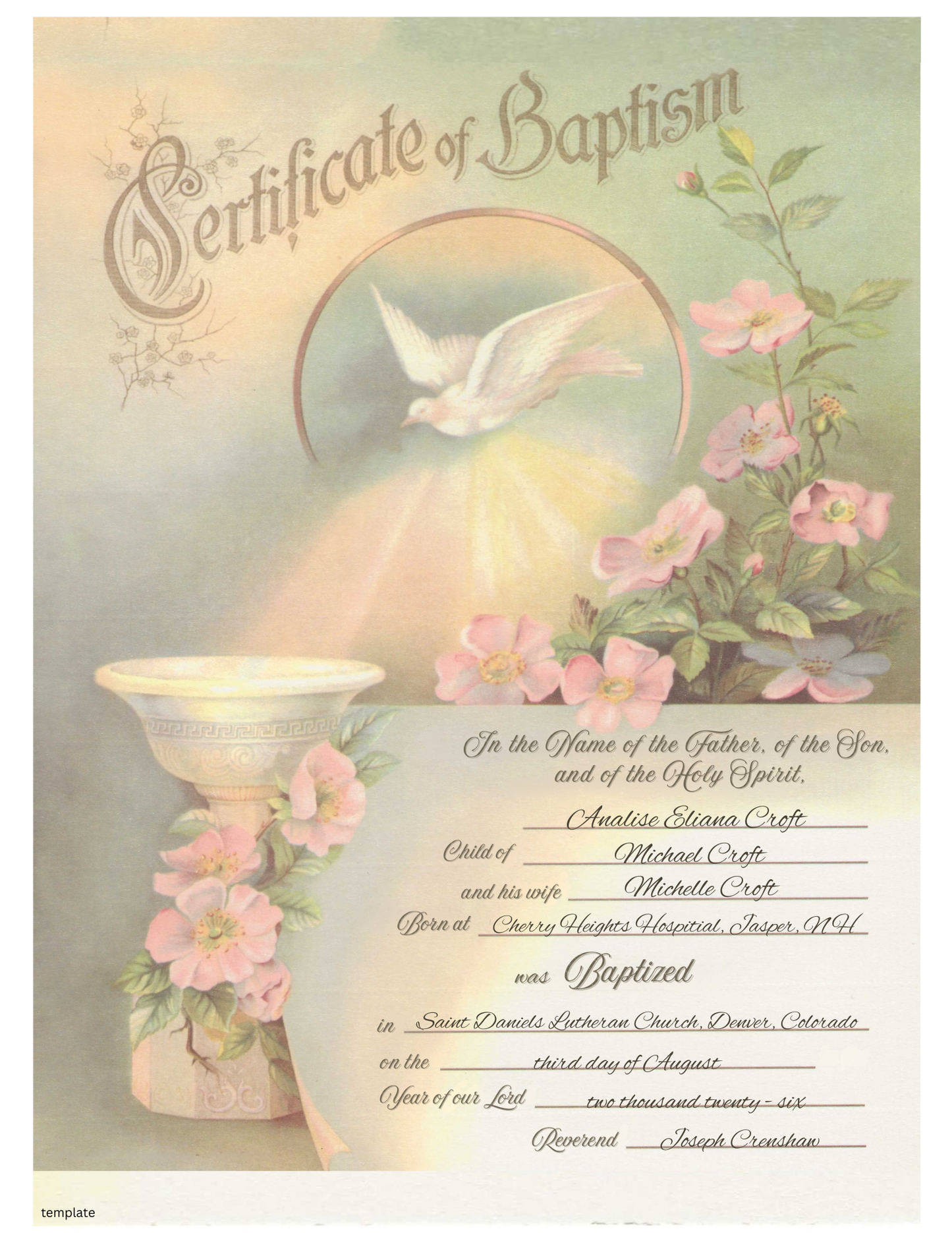 Baptism personalized framed certificate