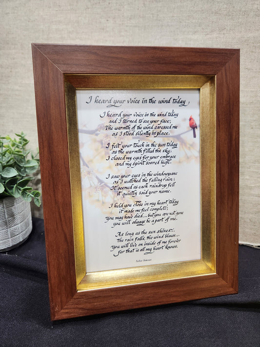 I heard your voice in the wind today small framed poem with cardinal