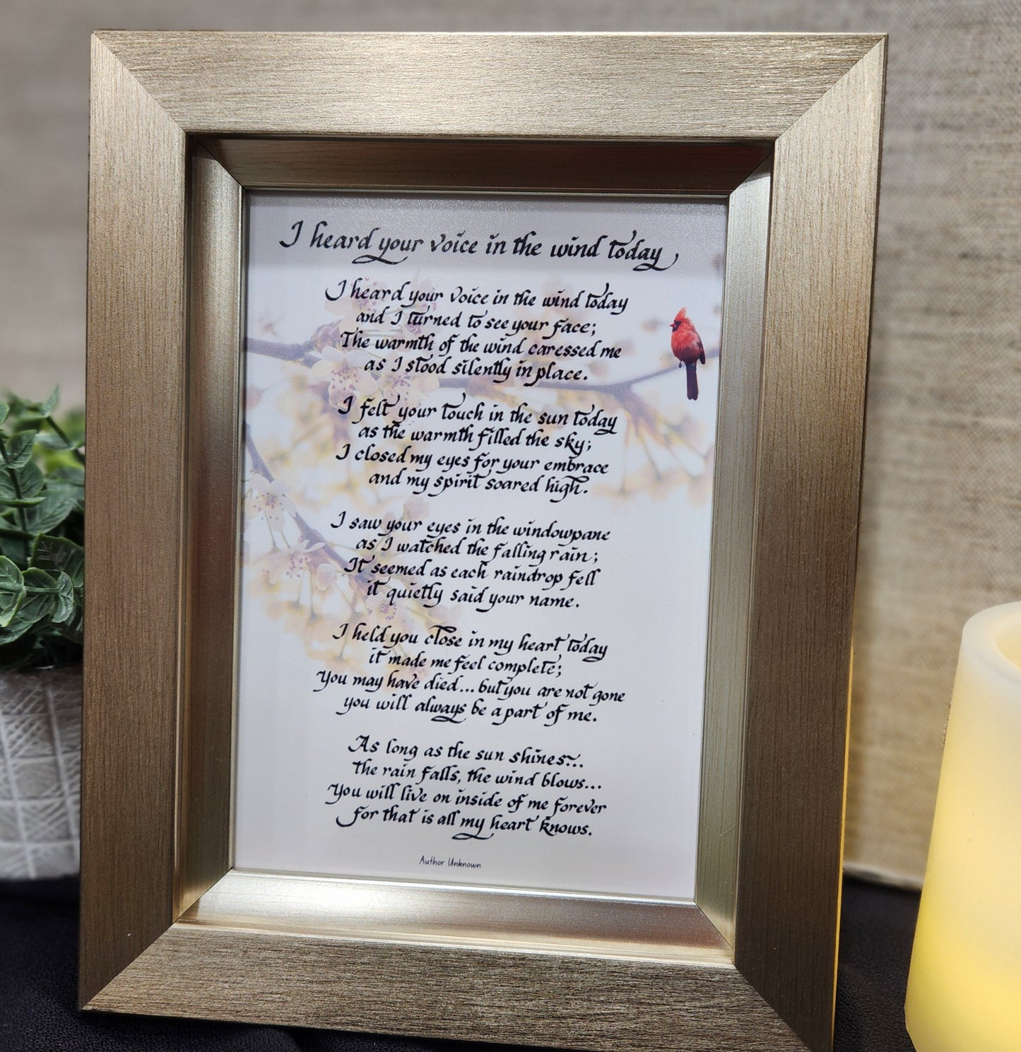 I heard your voice in the wind today small framed poem with cardinal