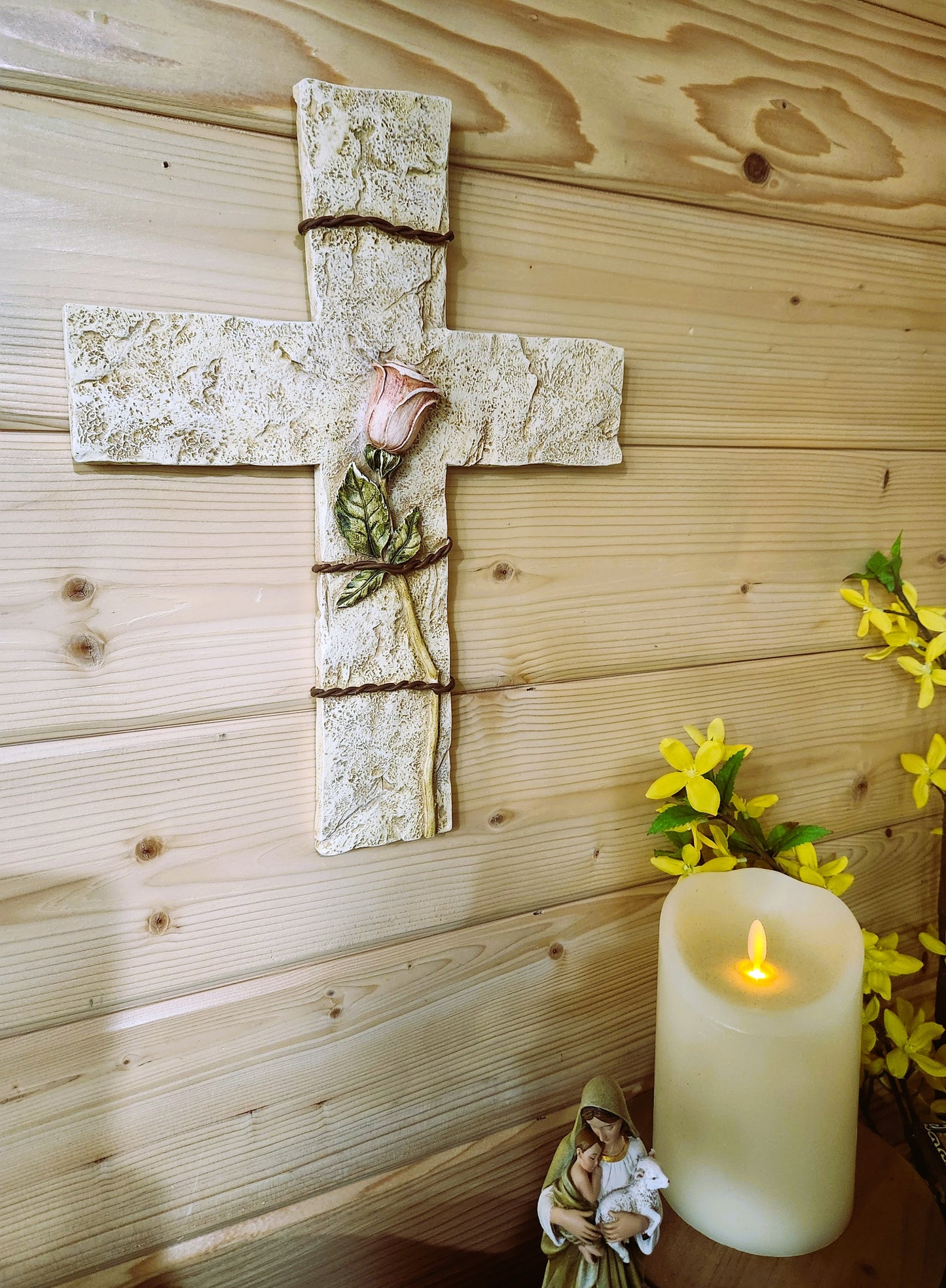 Cross with Pink Rose for wall