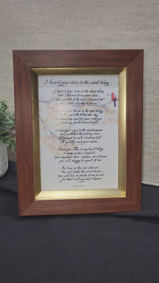 I heard your voice in the wind today small framed poem with cardinal