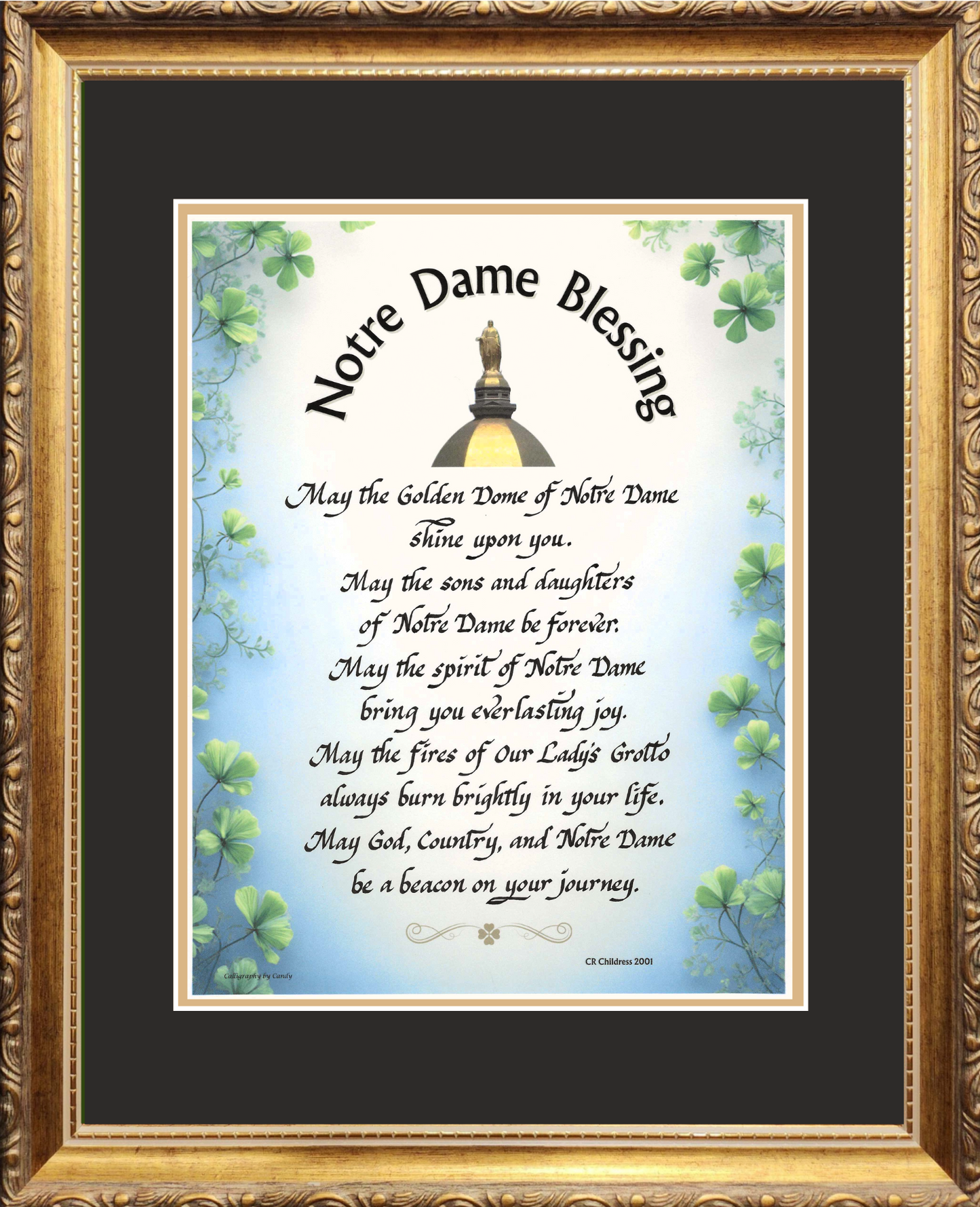 Notre Dame Blessing framed and matted calligraphy and art picture.
