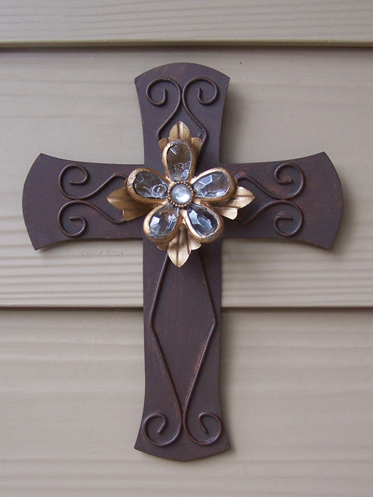 Brown Metal Jeweled Wall Cross