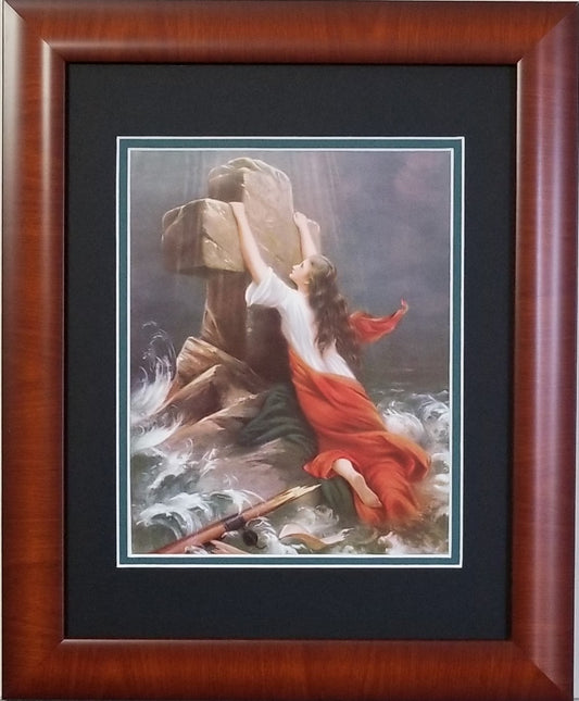 Woman clinging to cross in the sea framed print