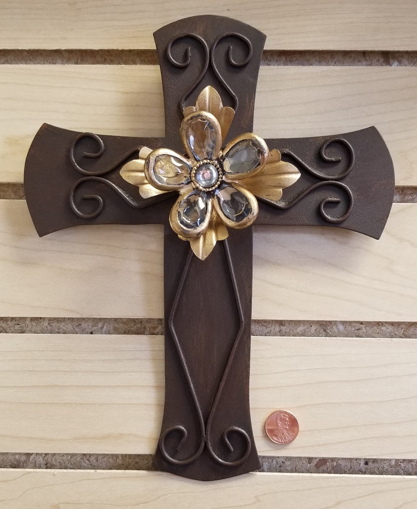 Brown Metal Jeweled Wall Cross