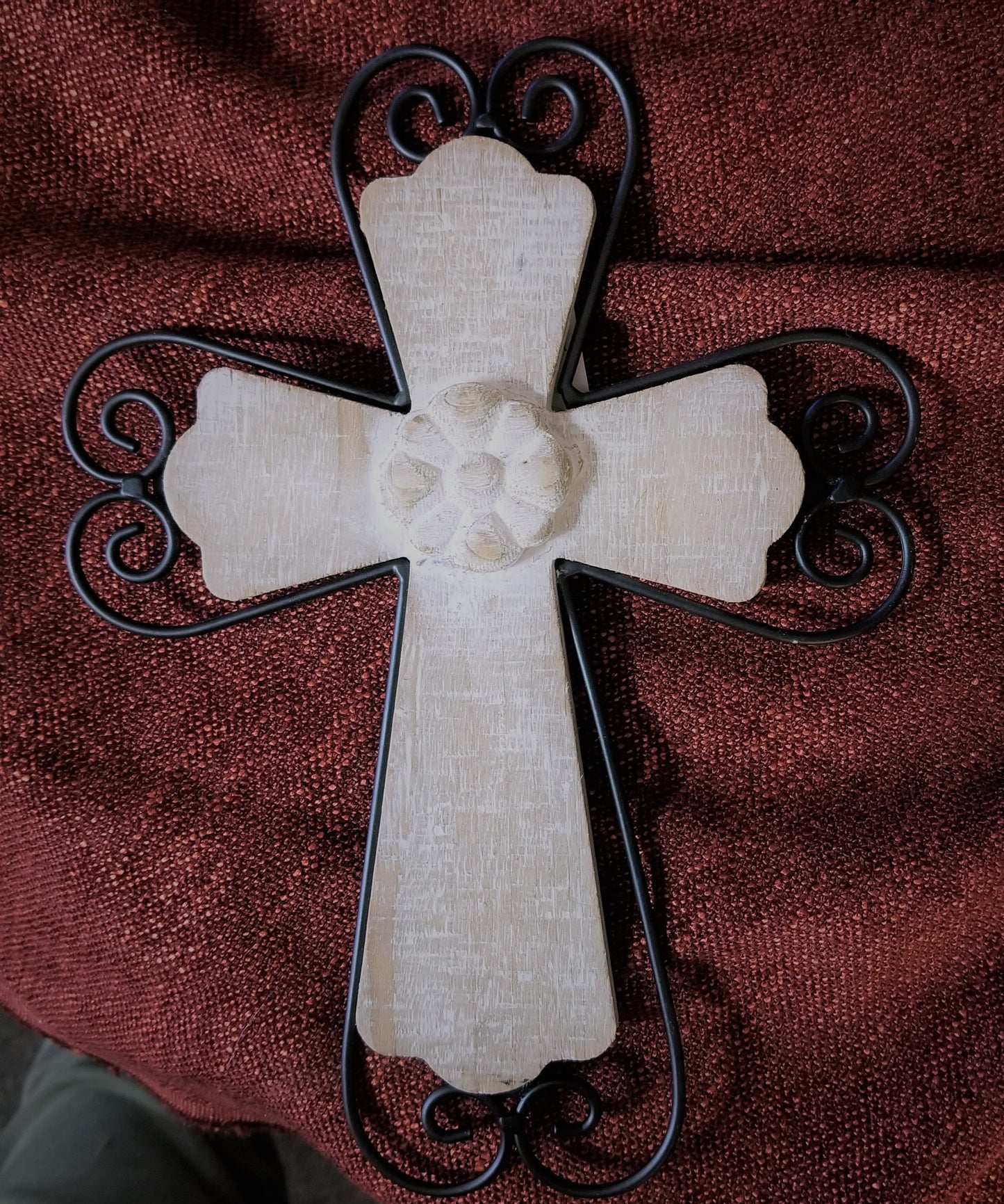 Whitewash wood with black metal scroll Wall Cross