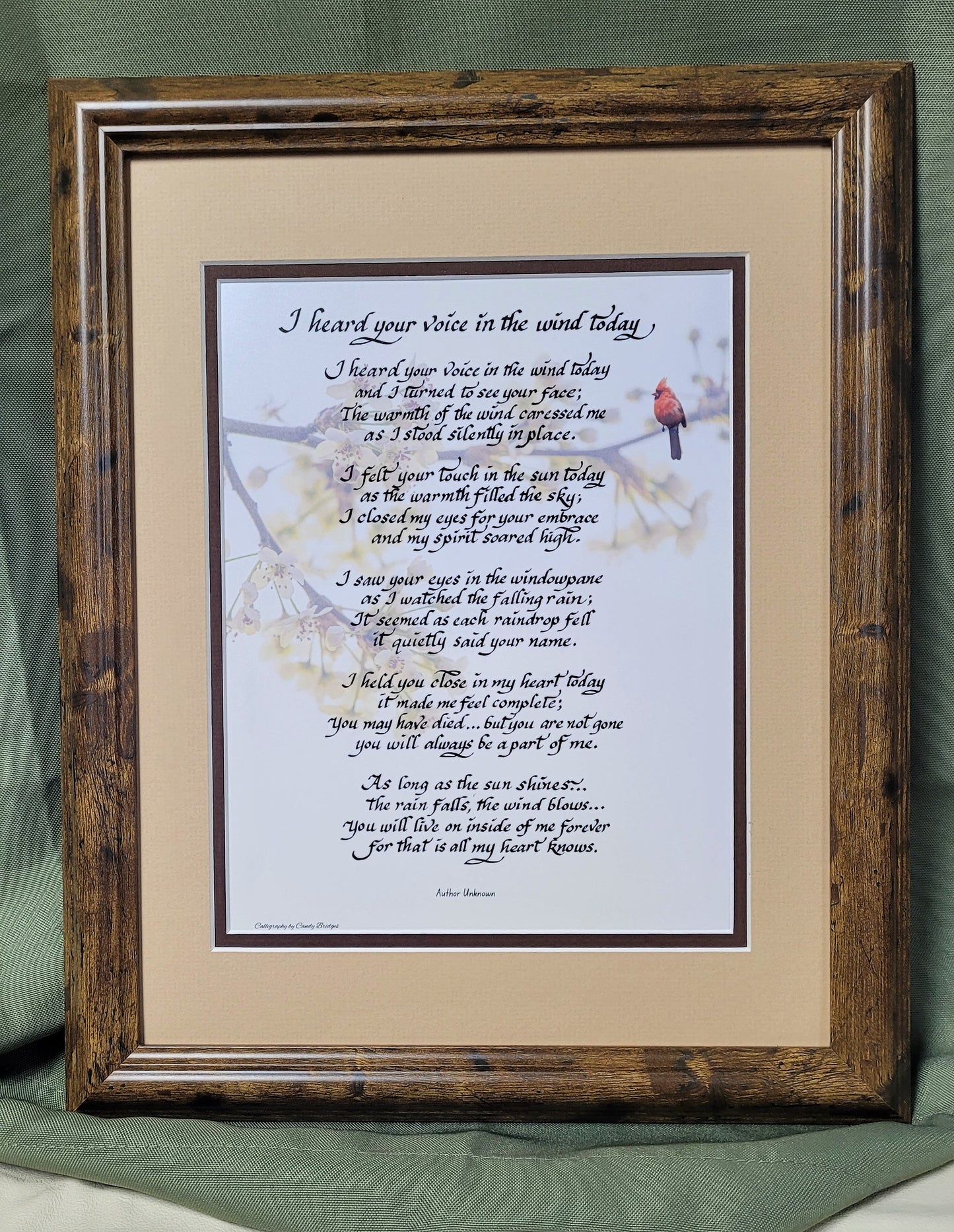 I heard your voice in the wind today memorial custom framed poem.