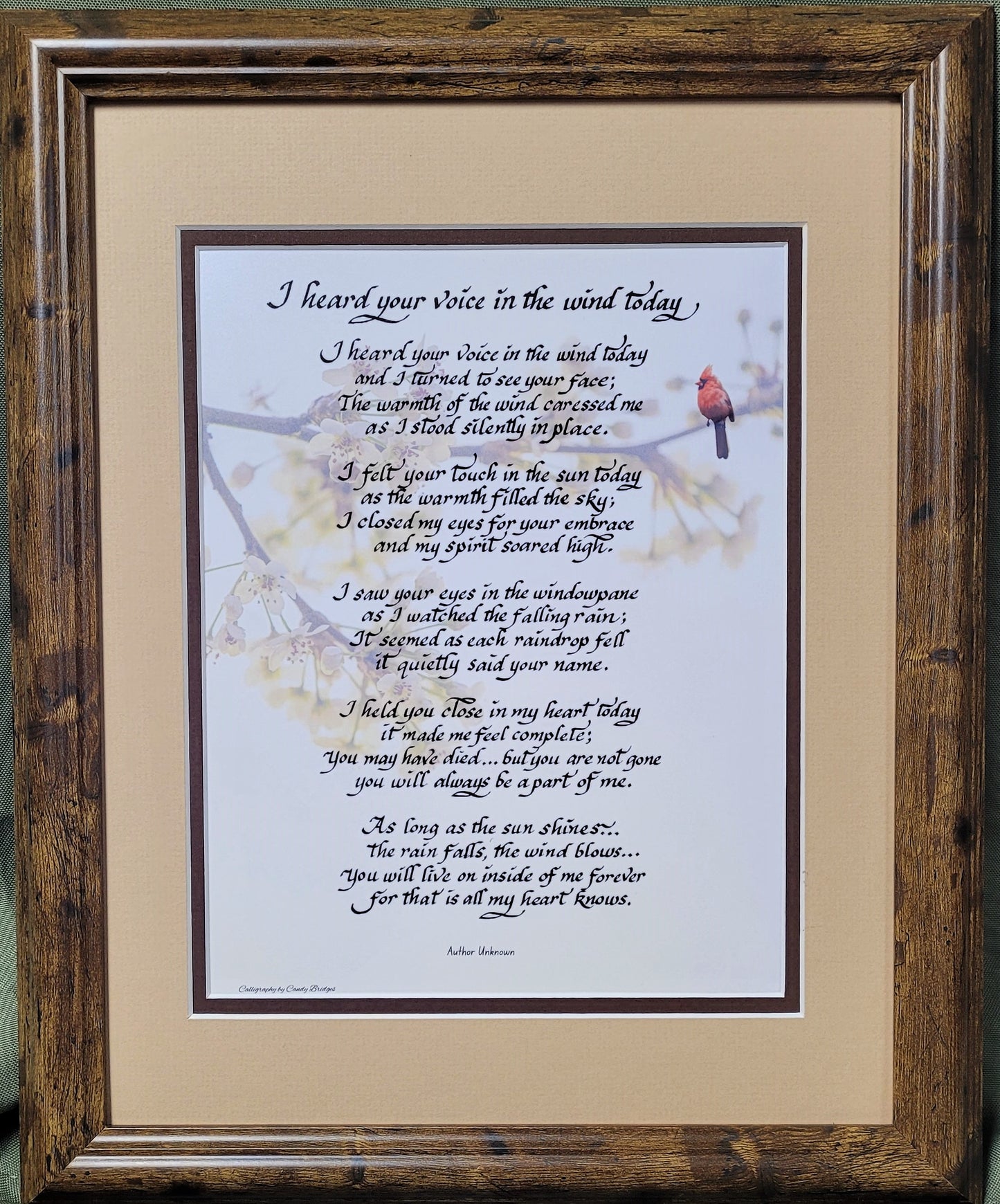 I heard your voice in the wind today memorial custom framed poem.