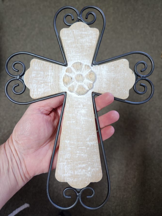 Whitewash wood with black metal scroll Wall Cross