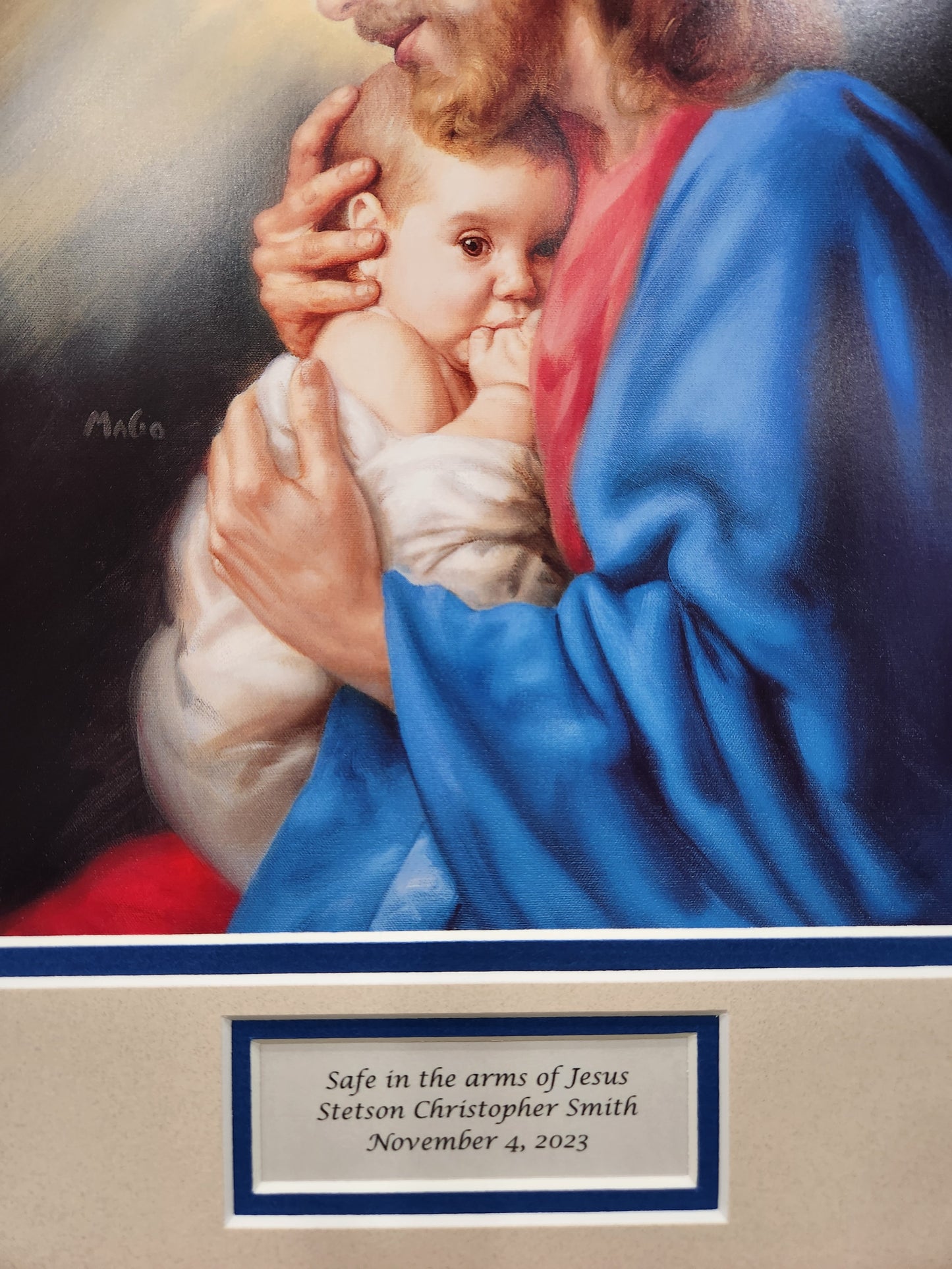 Safe in the arms of Jesus - Jesus holding baby framed memorial sympathy picture