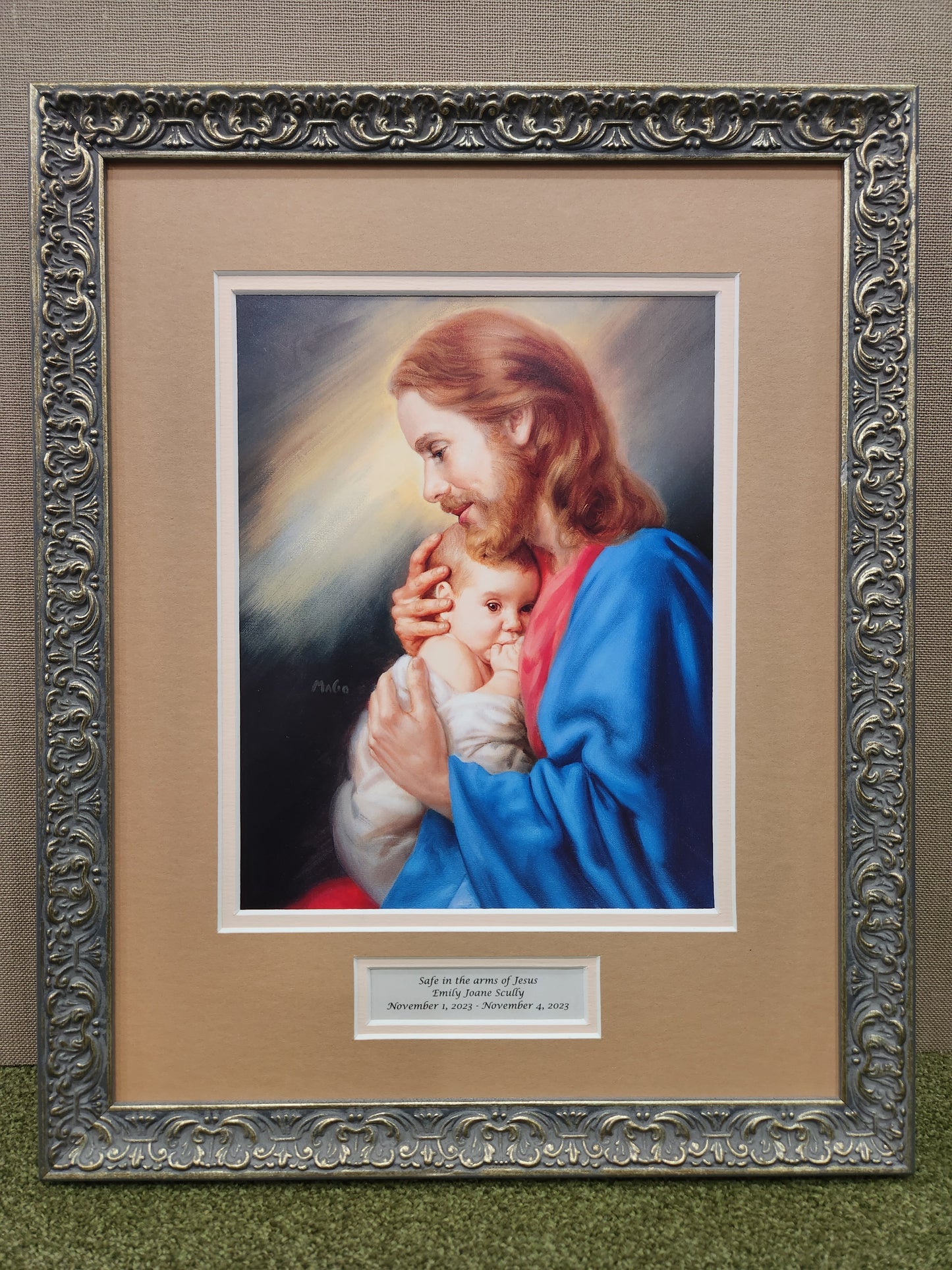 Safe in the arms of Jesus - Jesus holding baby framed memorial sympathy picture