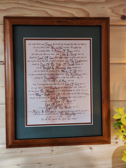 Scripture names for Jesus framed calligraphy print