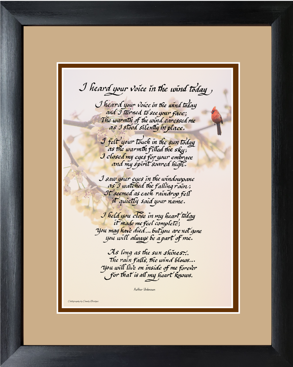 I heard your voice in the wind today memorial custom framed poem.