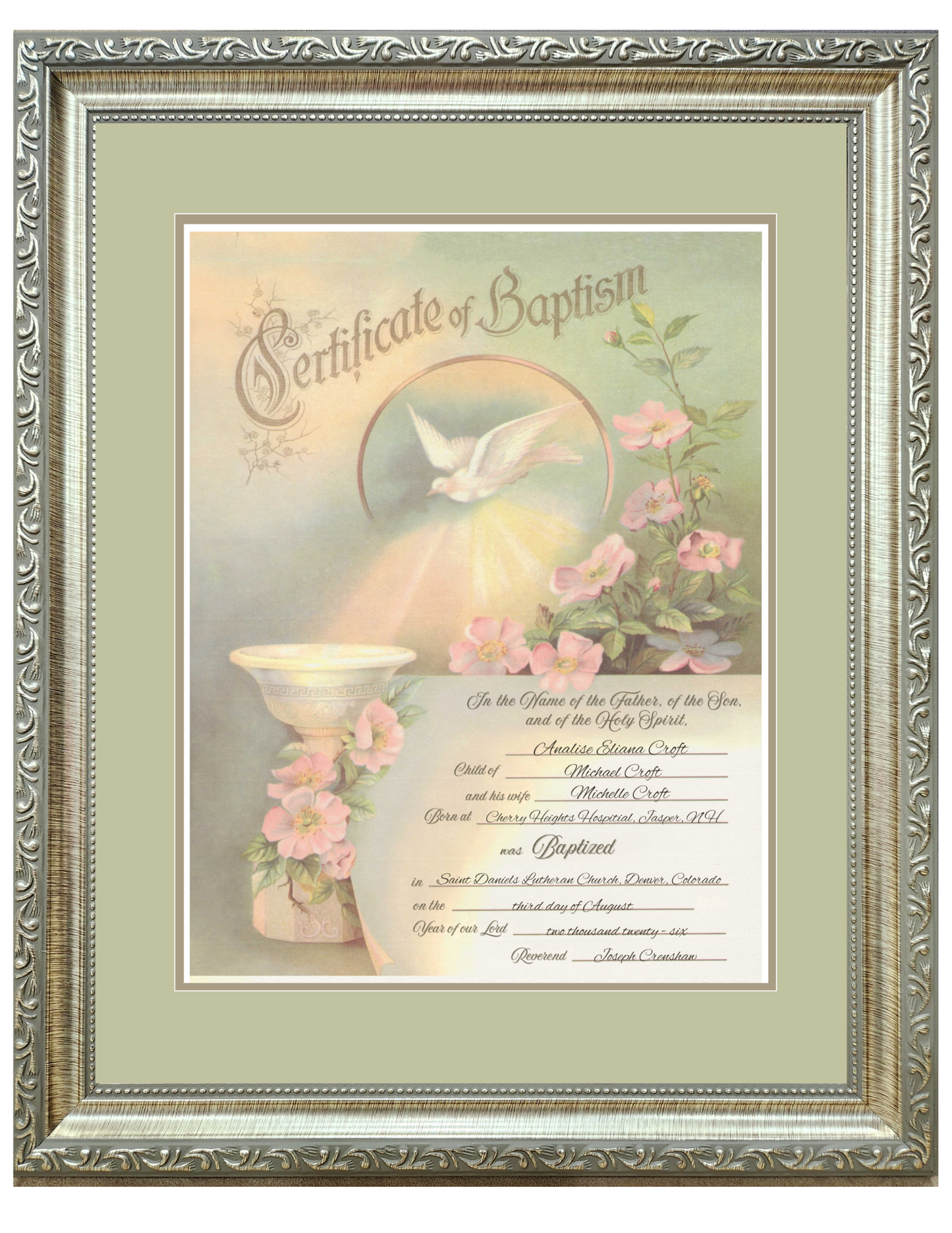 Baptism personalized framed certificate