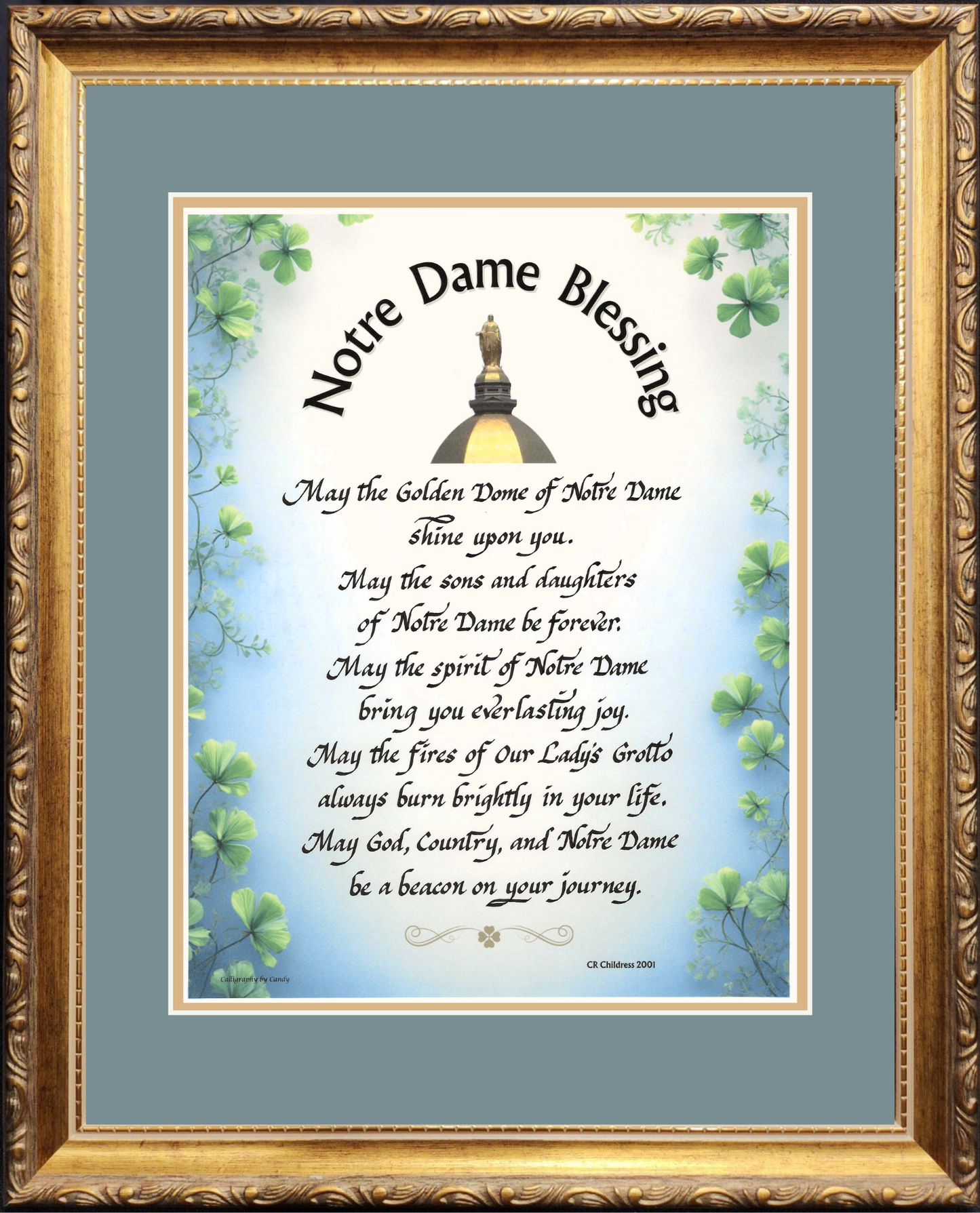 Notre Dame Blessing framed and matted calligraphy and art picture.