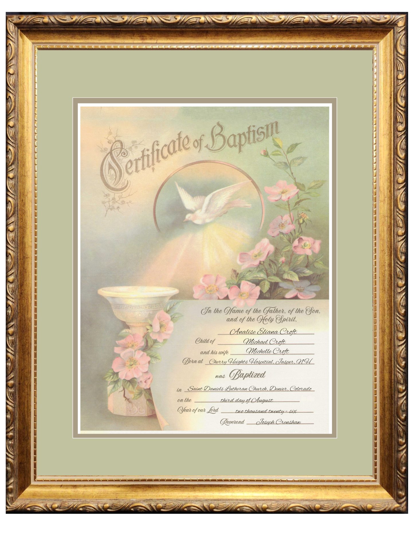 Baptism personalized framed certificate