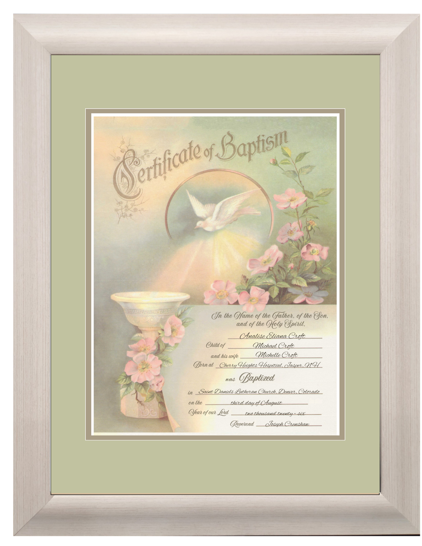 Baptism personalized framed certificate