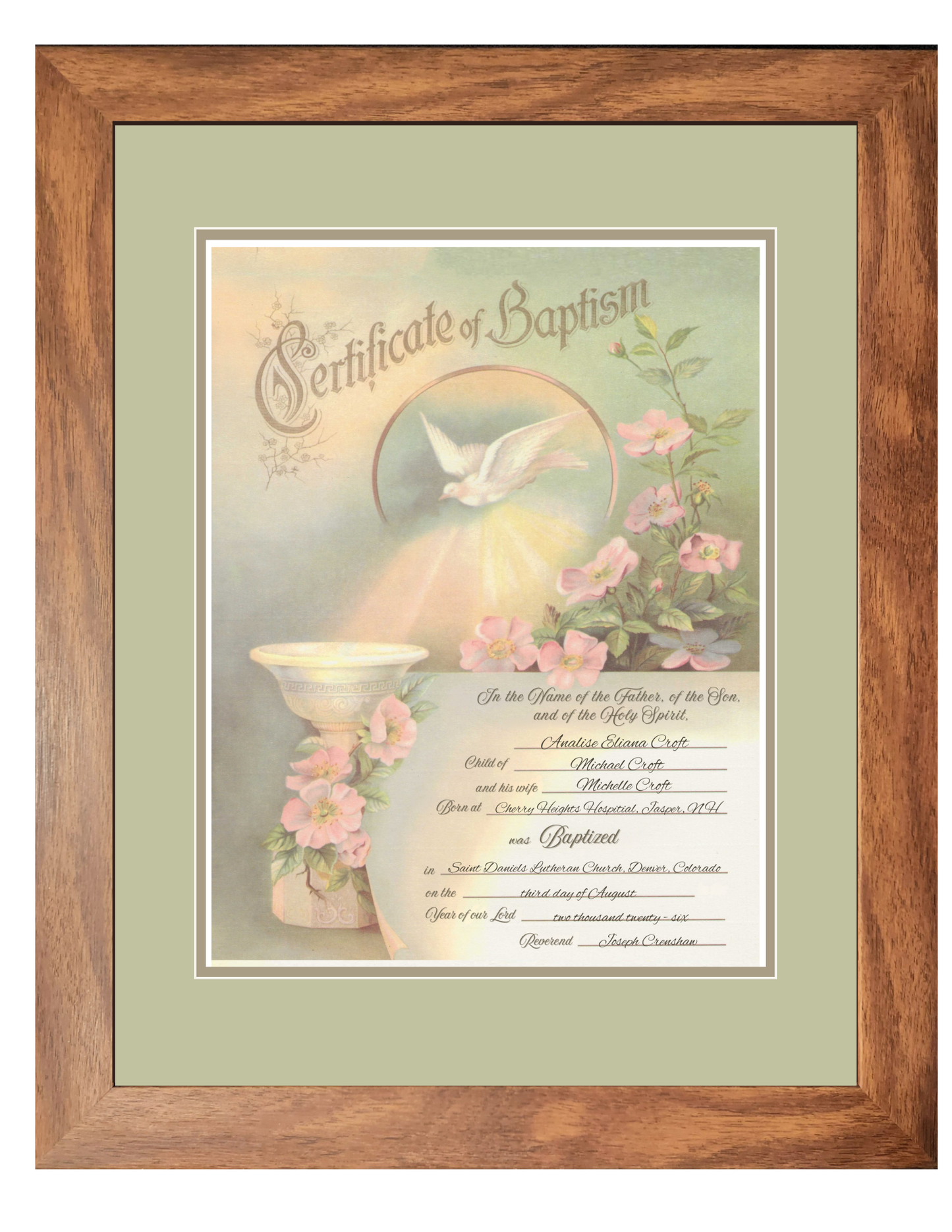 Baptism personalized framed certificate