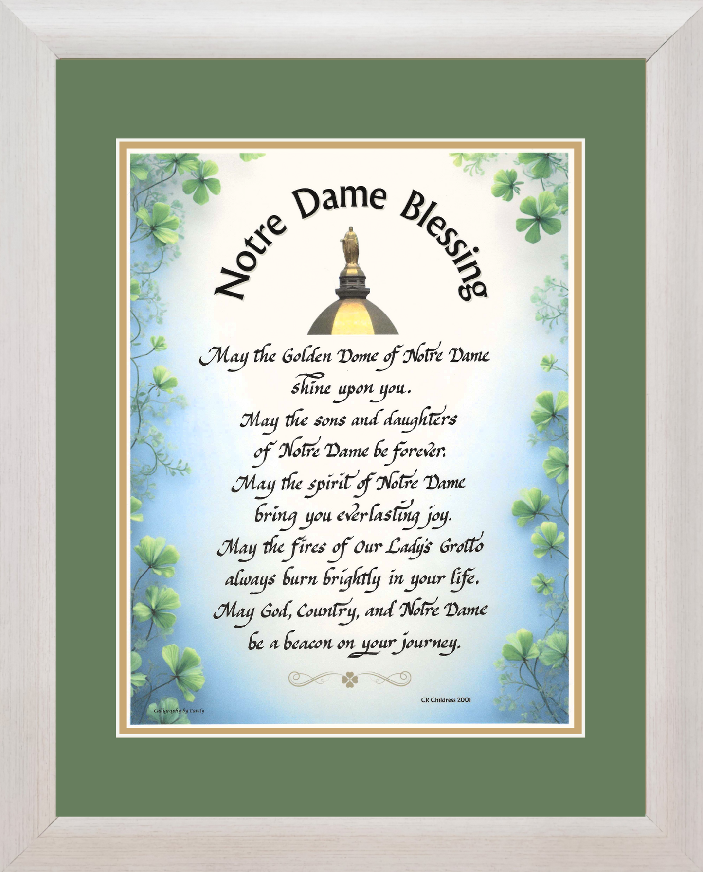 Notre Dame Blessing framed and matted calligraphy and art picture.