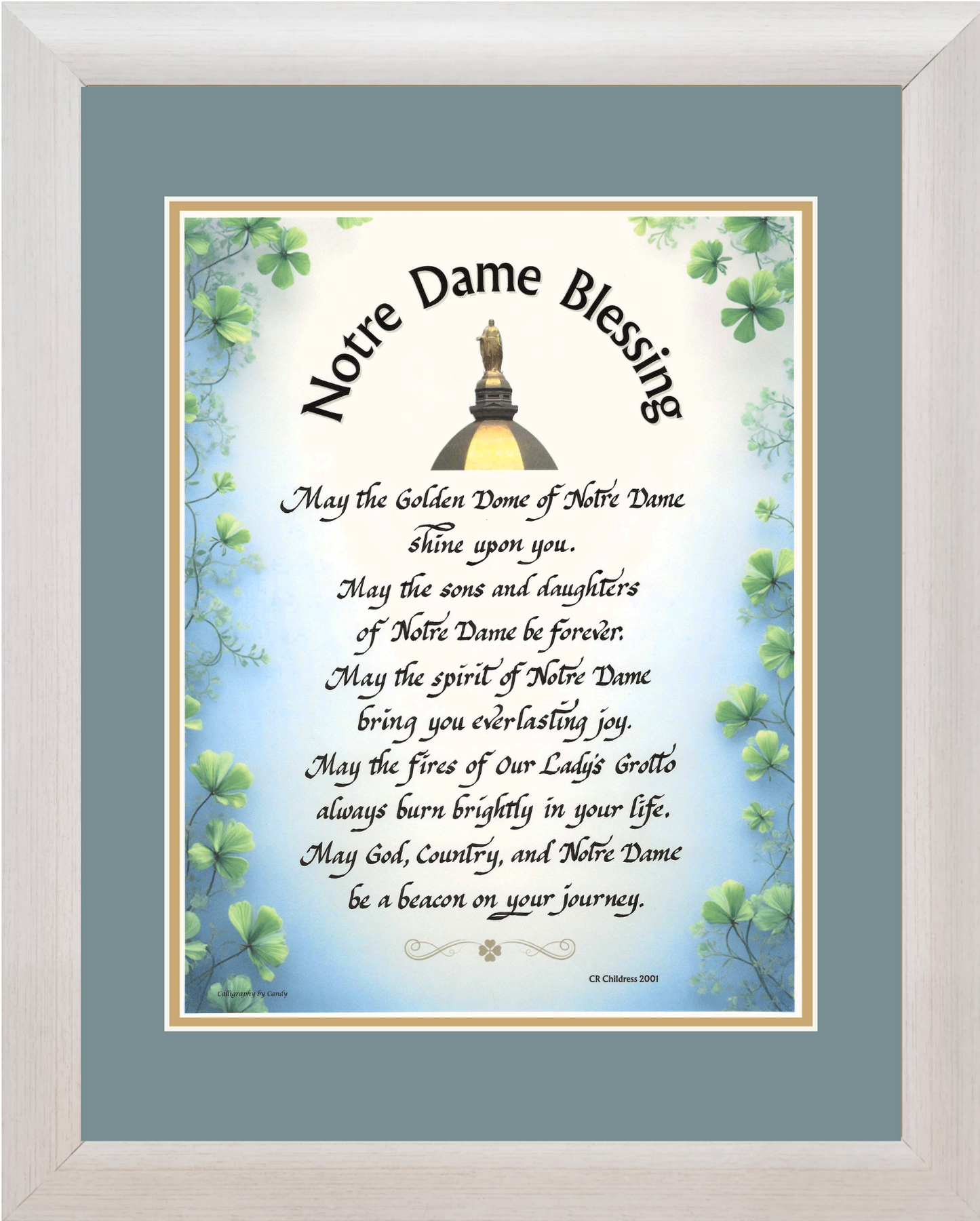Notre Dame Blessing framed and matted calligraphy and art picture.