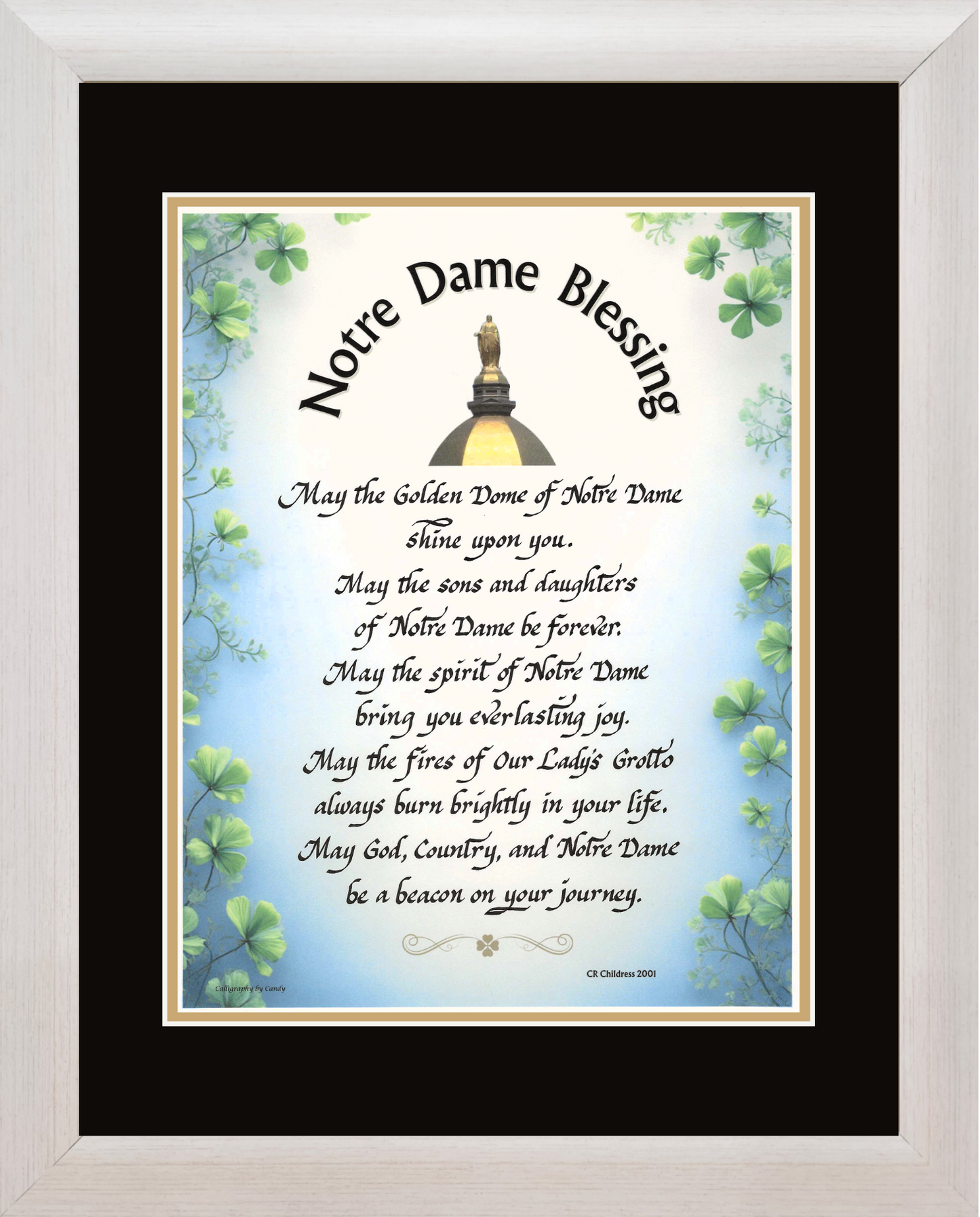 Notre Dame Blessing framed and matted calligraphy and art picture.