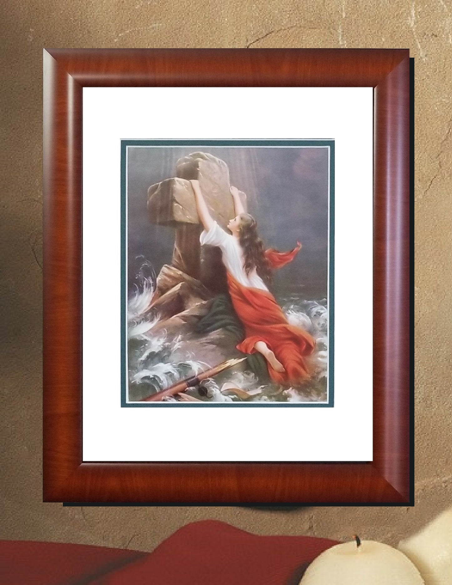 Woman clinging to cross in the sea framed print