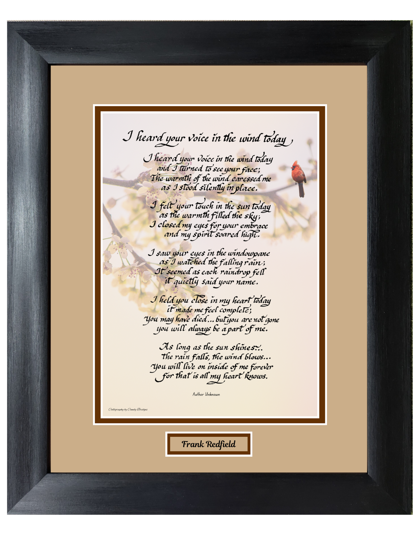 I heard your voice in the wind today memorial custom framed poem.