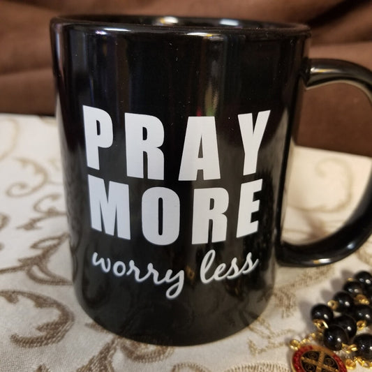 Pray more, Worry less black and white coffee mug