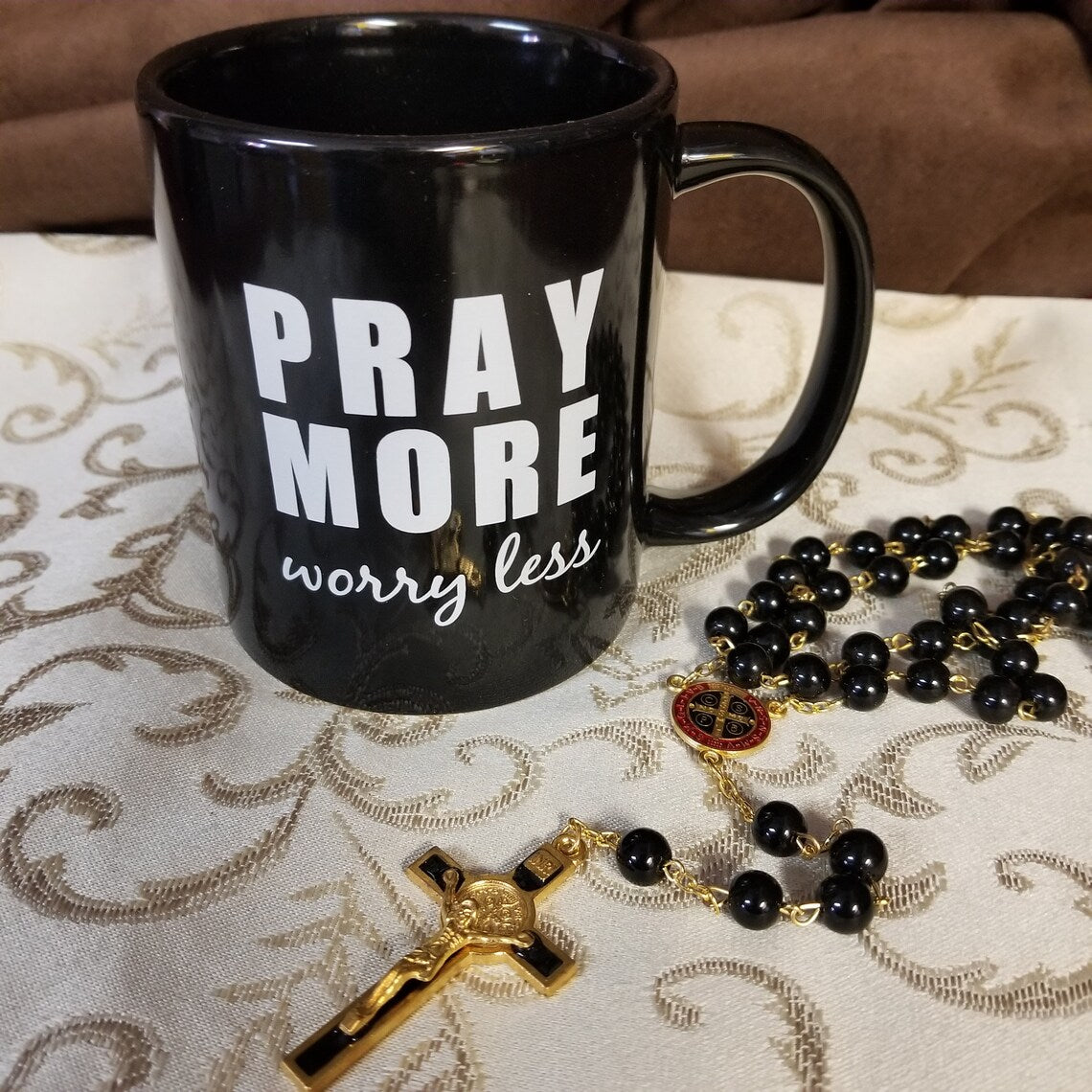 Pray more, Worry less black and white coffee mug