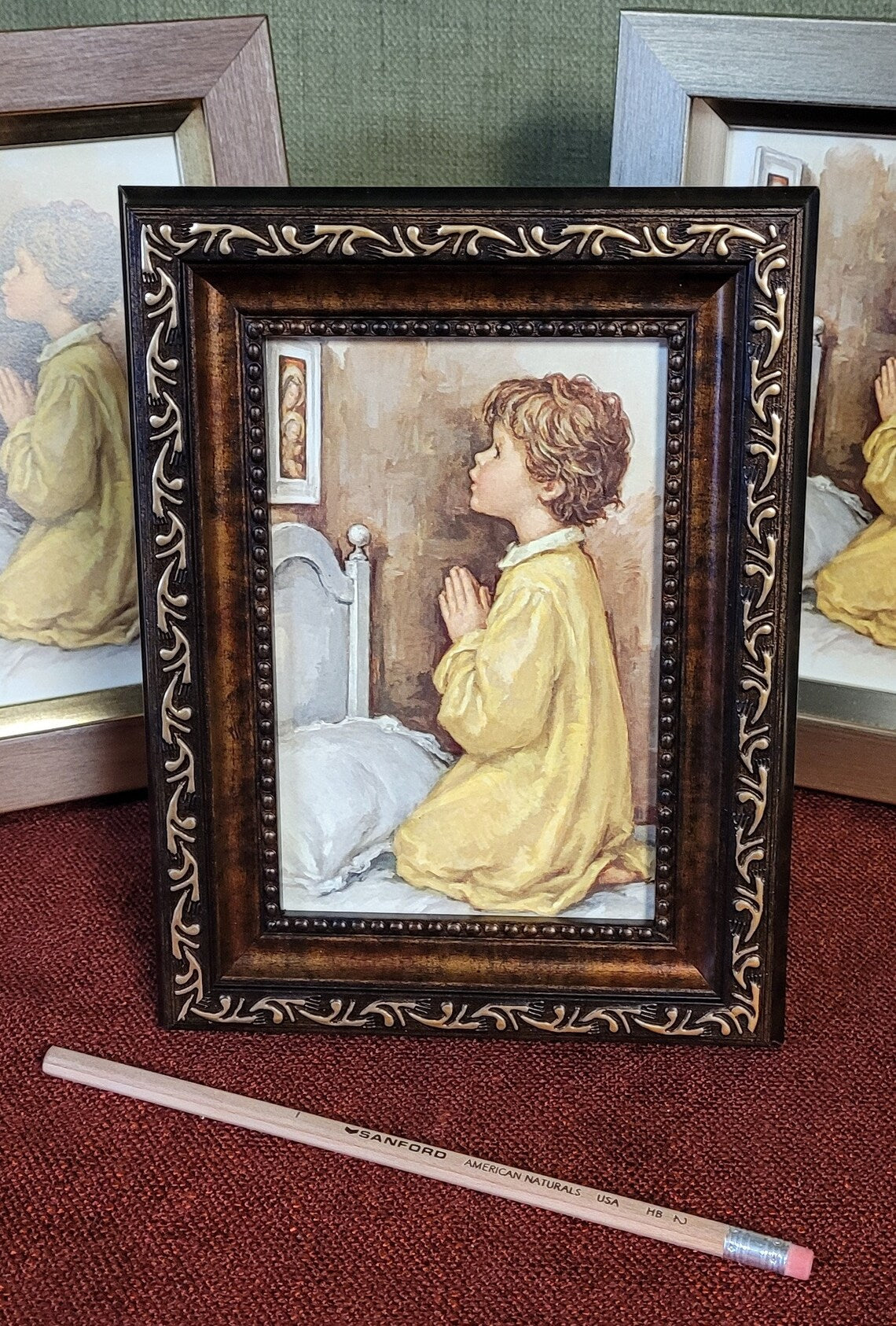 Praying boy framed picture for nightstand, shelf or dresser