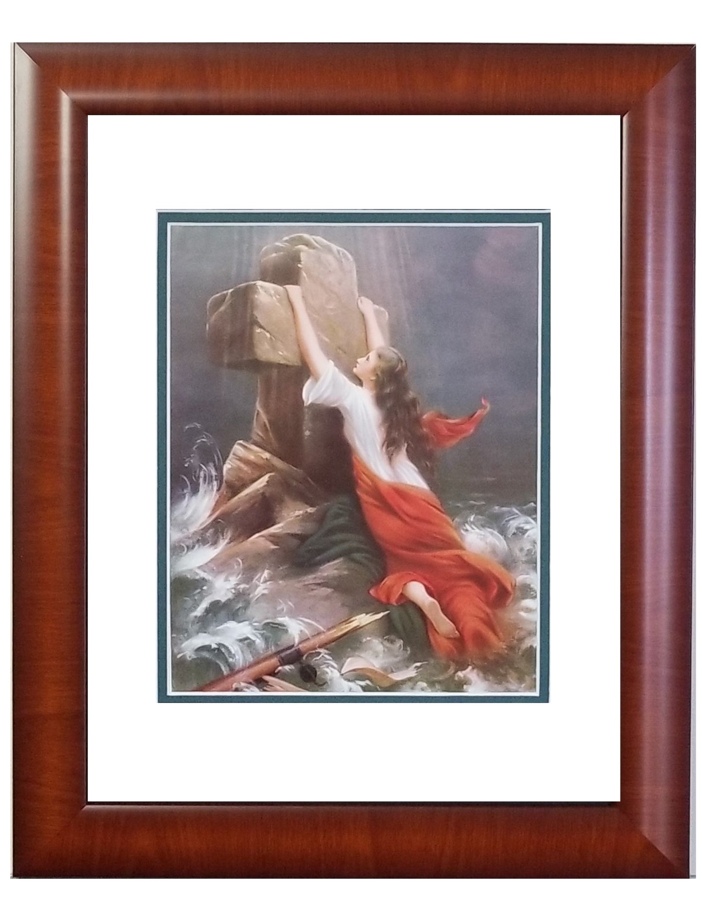 Woman clinging to cross in the sea framed print